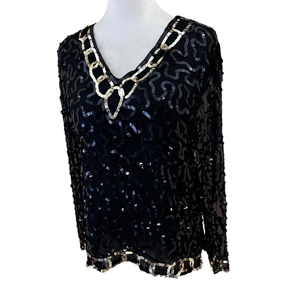 1980s Vintage Silk Sequin Party Top | Black & Gold Chain Detail, Made in India